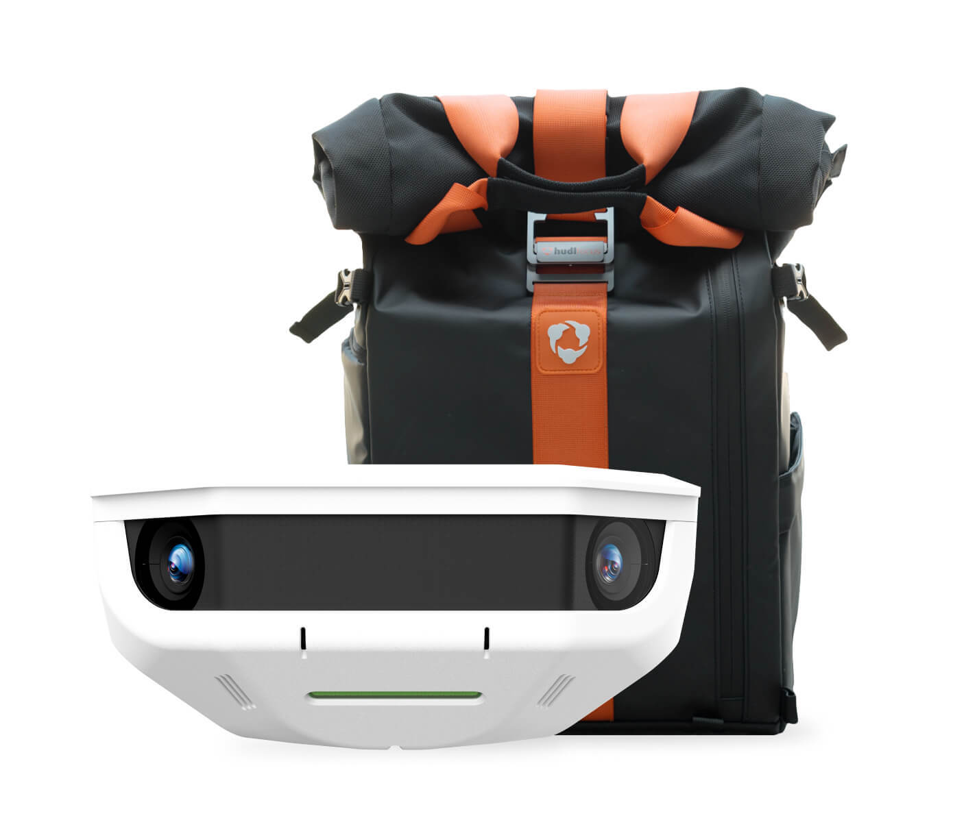 A Focus Flex Camera, pictured next to its custom backpack carrying case.