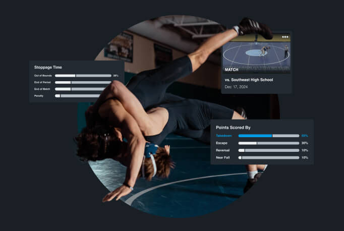 Wrestlers in the middle of a takedown with screenshots of stats reports overlaid