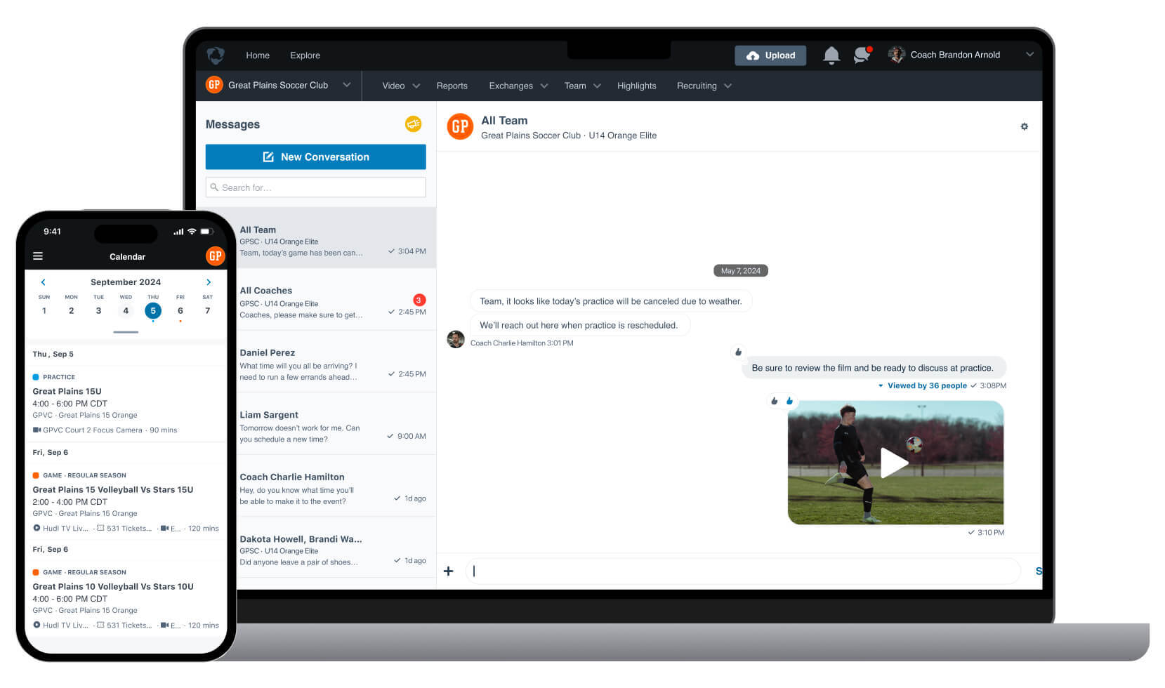 A phone and a laptop displaying the messaging and scheduling interfaces for Hudl.