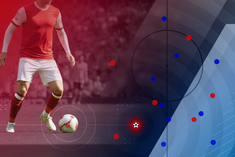 A soccer player in a red and white uniform dribbling a ball, with a digital data overlay showing player positions and tactical movement patterns.