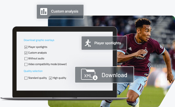 Laptop displaying a Wyscout download options form shown over a action photograph of an athlete and buttons floating above